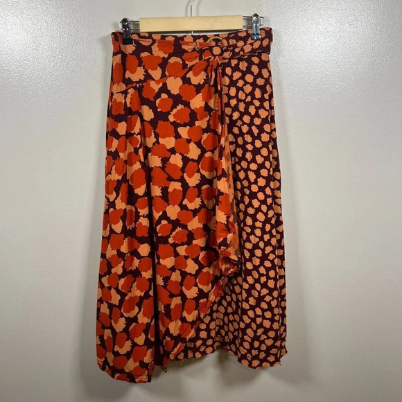 Anthropologie Jennifer Midi Faux Wrap Skirt Size 4 Orange Leopard Print Work - Picture 2 of 11